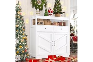 knoworld Kitchen Cabinet Storage Cabinet, Sideboard Buffet Cabinet with 2 Doors and 2 Drawers, Coffee Bar Cabinet, White Farmhouse Extra Tall Buffet Table for Dining Room, Living Room, Entryway