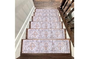 Ileading Indoor Stair Treads for Wooden Steps 15 Pack 8" X 30" Non Slip Rubber Stair Rug Runner Boho Staircase Step Treads Covers Soft Stairway Grip Carpet Safety Mats for Dogs Kids, Light Brown