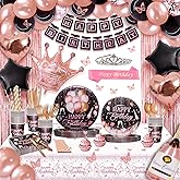 Party Spot! Black Pink Birthday Decorations For Women ,Rose Gold and Black Party Decorations Kit,Happy Birthday Supplies Set-Tableware Pack, Balloon Pump, Banner, Fringe Curtain For 12 Guest