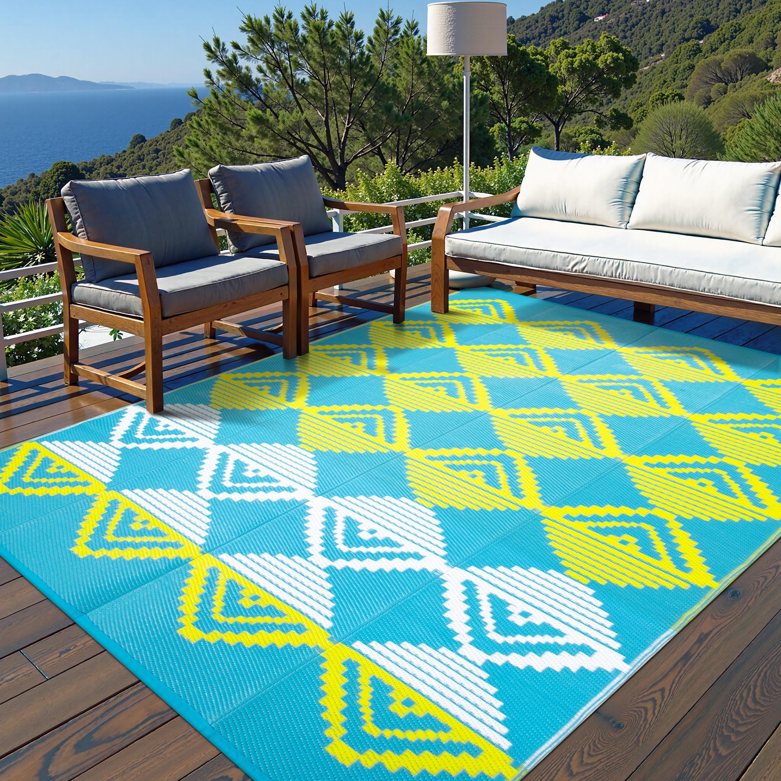 Photo 1 of Beeiva Outdoor Rugs 8x10 Waterproof, Modern Geometric Reversible Plastic Straw Patio Mat, Large Foldable Outside Rug for Camping, Porch, Deck, Backyard, Balcony, Picnic - Blue & Yellow