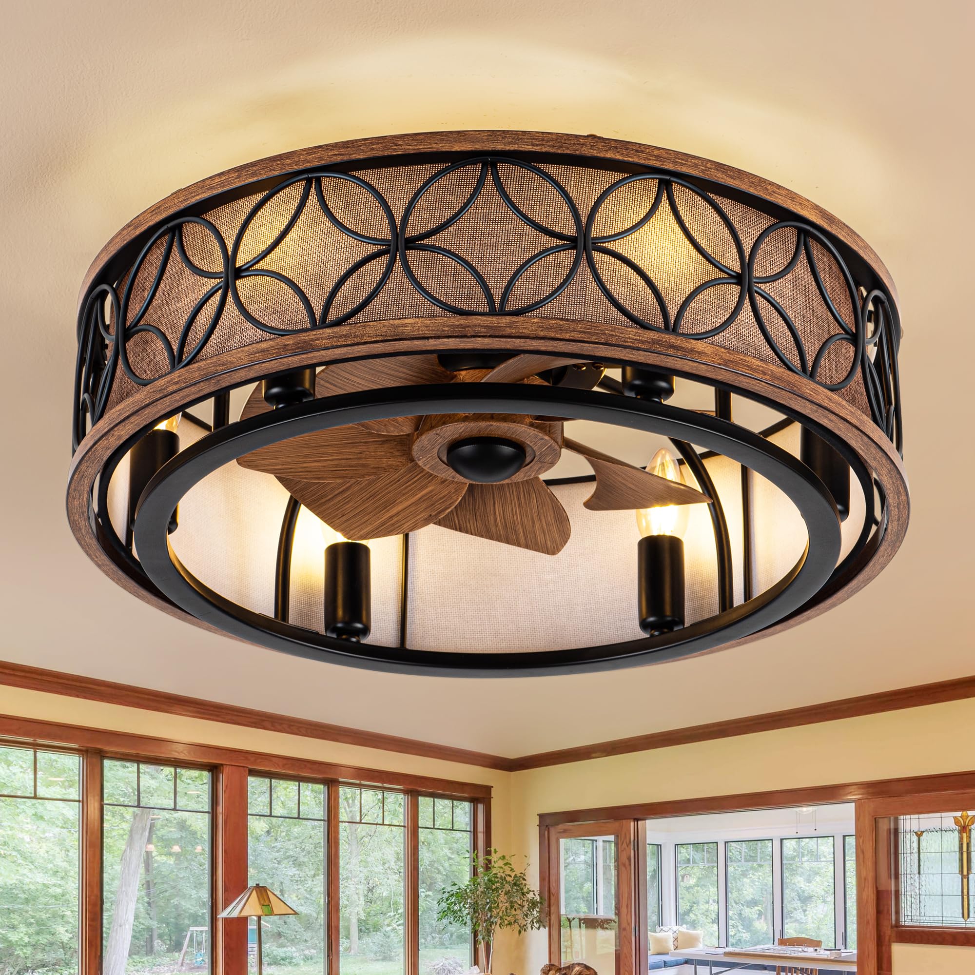 Photo 1 of WWM Low Profile Farmhouse Ceiling Fan with Light,20'' Rustic Flush Mount Ceiling Fans with Remote, Modern Caged Crystal Ceiling Fans with Lights,Ceiling Lights Fixture with Fan (6 E12 Bulb Includ)