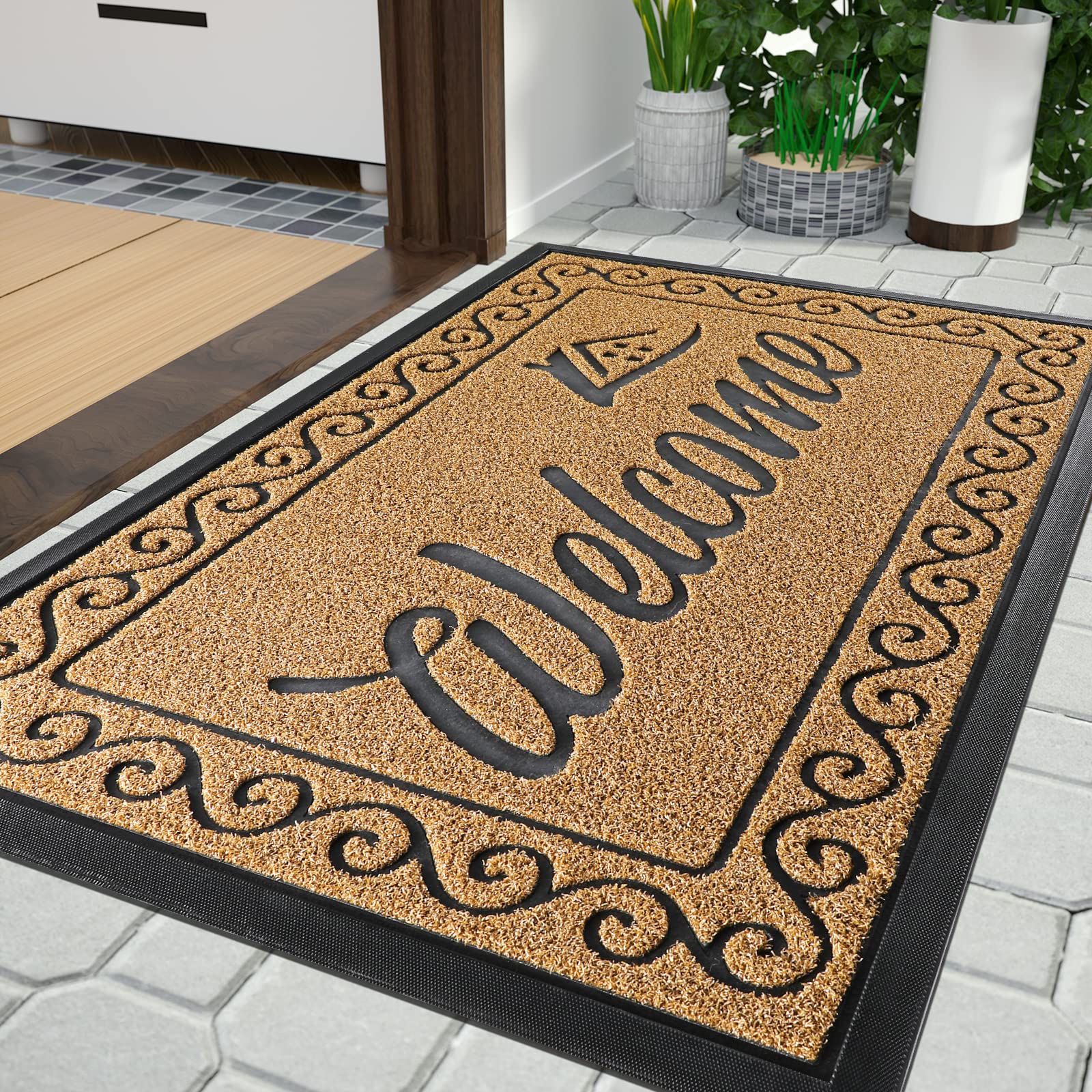 Yimobra welcome door mat, Heavy Duty Sturdy Front Mats for Home Entrance Outdoor Indoor,Non Slip Backing, Exterior Mats for Outside Patio Porch Farmhouse, 92 x 61 cm, Yellow