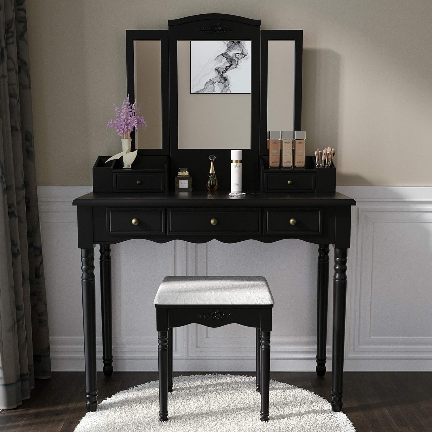 black mirrored dressing table