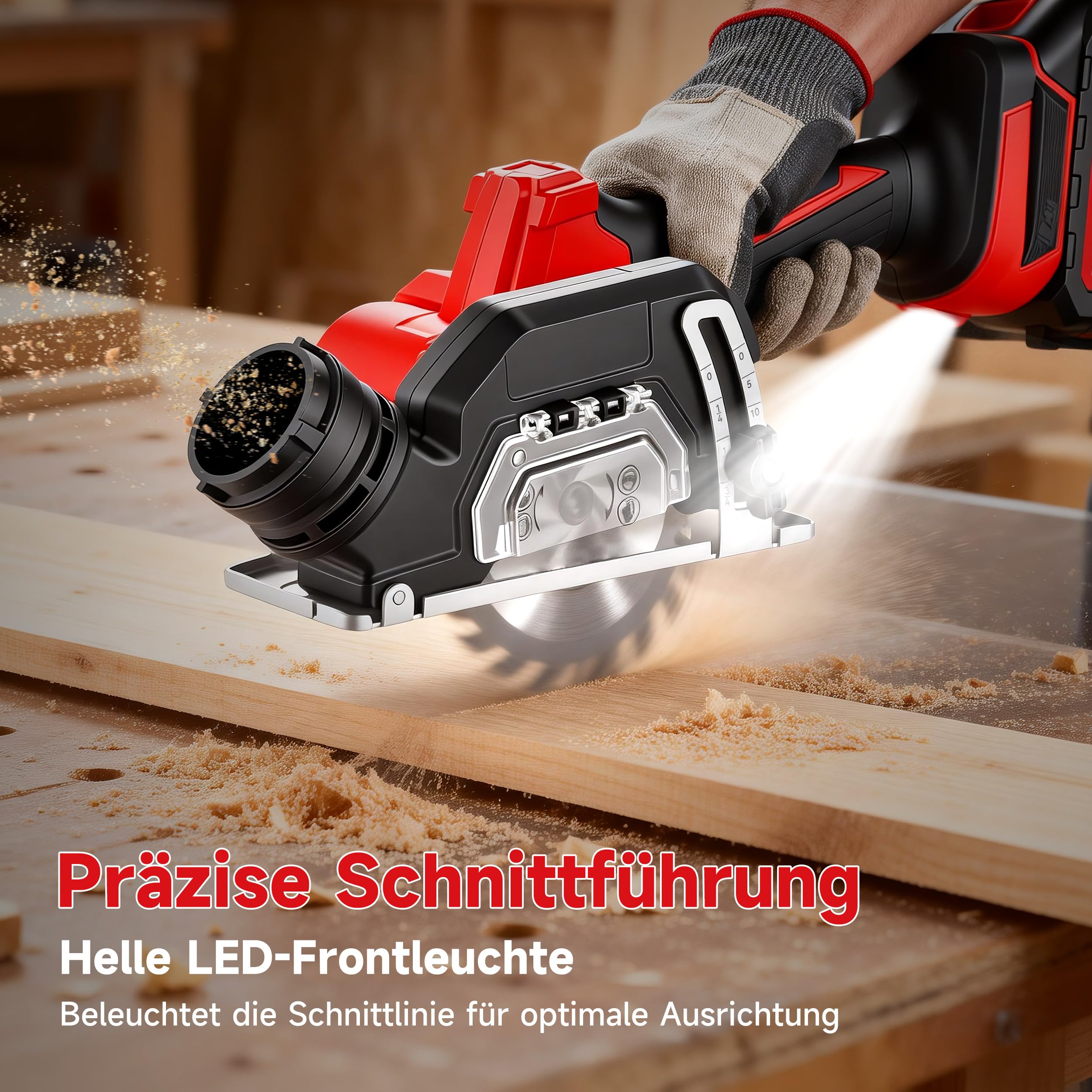TEENO Akku-Mini-Handkreissäge, Akku Handkreissäge mit LED-Leuchte, 2x 4,0Ah-Akkus, Einstellbarer Schnittwinkel, 20000 U/min, 3 Sägeblätter inklusive Schleifscheibe für Metall, Holz und Fliesen 4