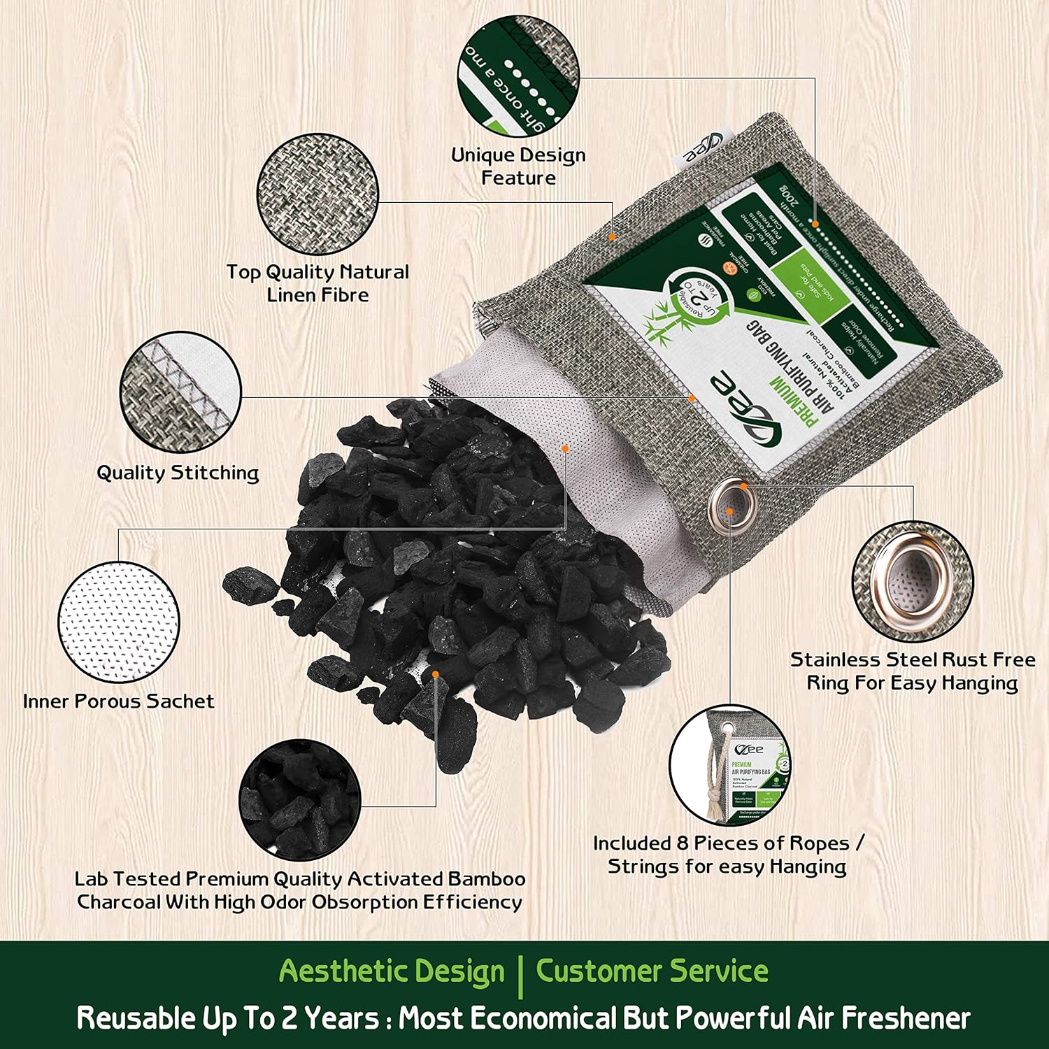 VZee Odor Eliminator, Activated Charcoal Bags Odor Absorber, 8 Pack x 200g, 8 Cords, Ziplock Packaging, Nature Fresh Bamboo Charcoal Air Purifying Bag, Odor Absorbers for Home, Bamboo Charcoal Bags, Deodorizers for Home, Pet, Shoe, Car, Closet, Smoke, Carpet, Fridge, Dogs, Cats, Basements, Musty Smell, New Car Smell, Bamboo Charcoal Bags, Odor Neutraliz