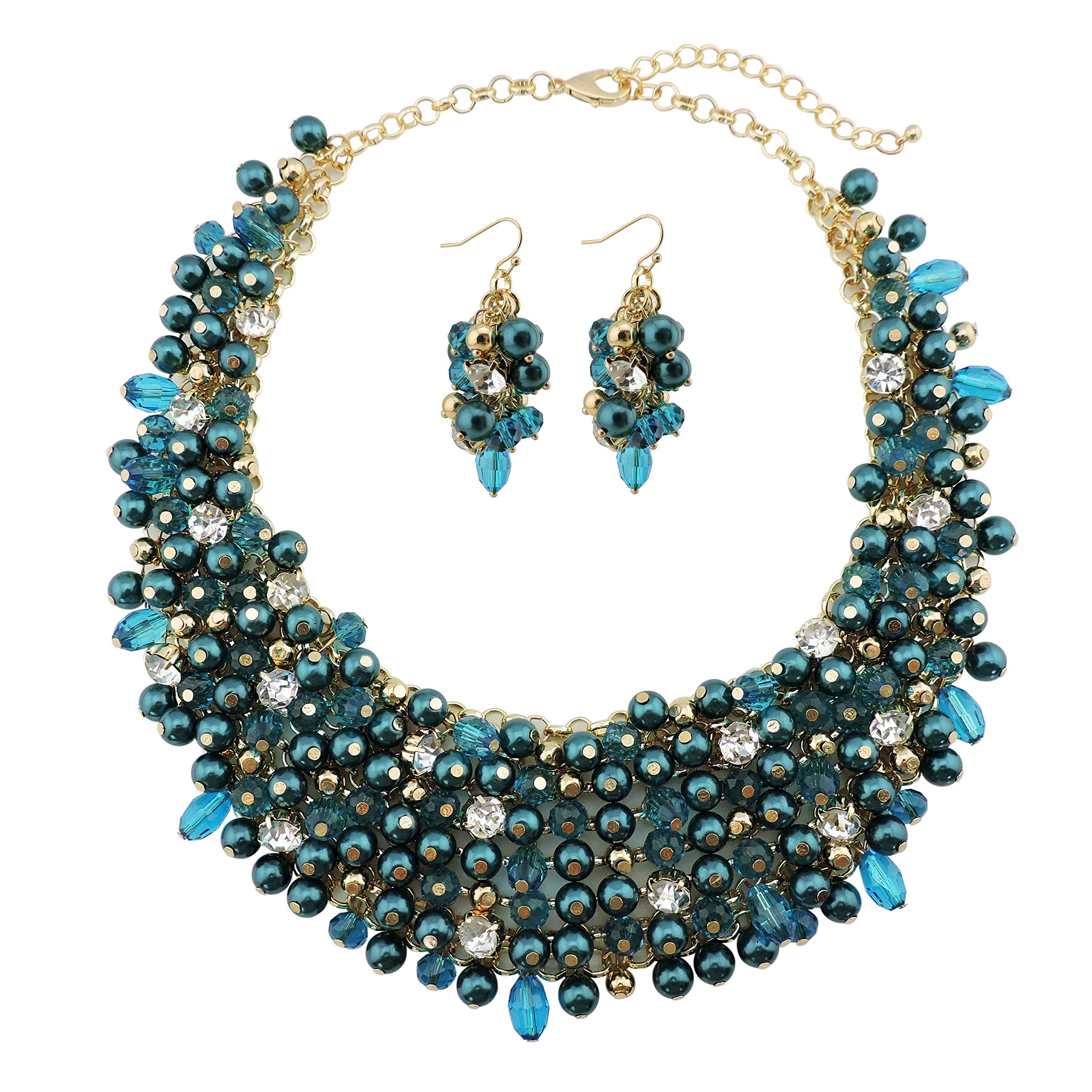 Bocar Fashion Crystal Chunky Collar Statement Necklace Earring Set for Women Gift (NK-10260-Teal)