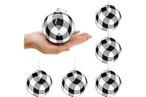 VIVIAN & VINCENT 6 pcs Farmhouse Oversized Buffalo Plaid Check Fabric Ball Hanging Ornament Set Decorative Ball for Christmas Tree Valentines Decor Party 3-1/4 Inches (6, Black White)