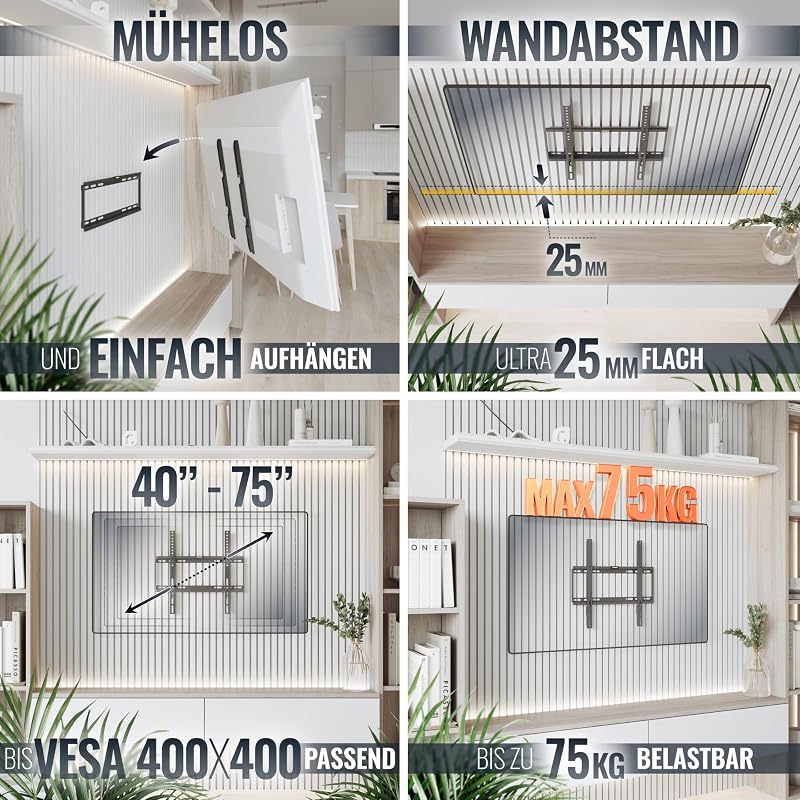 TV Wandhalterung Fernseher Halterung F0144 für 40-75 Zoll Fernsehhalterung Wand flach Ultra Slim universal Wandhalter Smart OLED Curved bis 75 kg VESA 400 x 400 mm