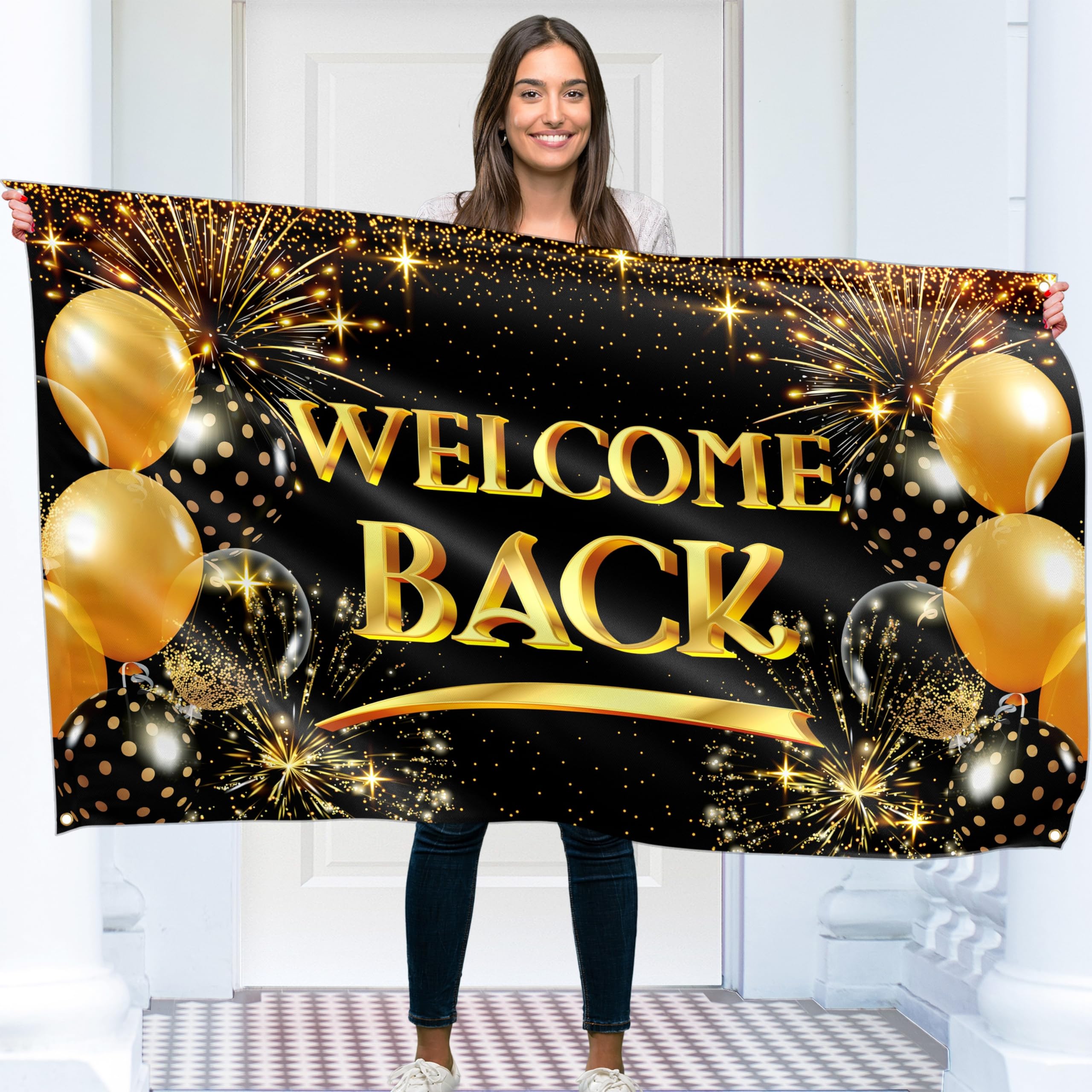 Welcome Back Banner - Black & Gold Welcome Home Decorations 5ft x 3ft - Welcome Banner - We Missed You So Much