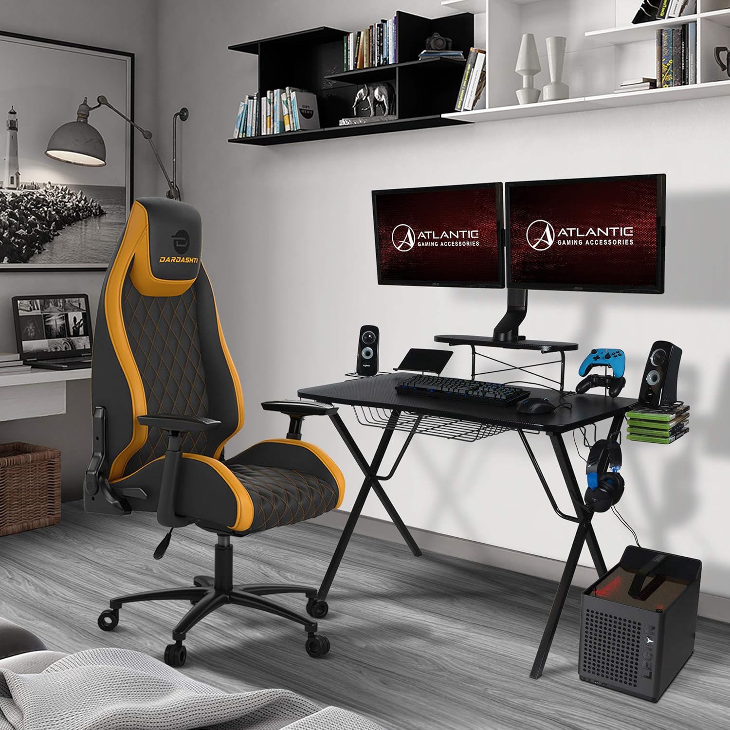 Atlantic Gaming Original Gaming-Desk Pro - Curved-Front, 10 Games, Controller, Headphone & Speaker Storage, 40.25x23.5 inch Curved Front Desktop, Enhanced Larger Design: Furniture & Decor