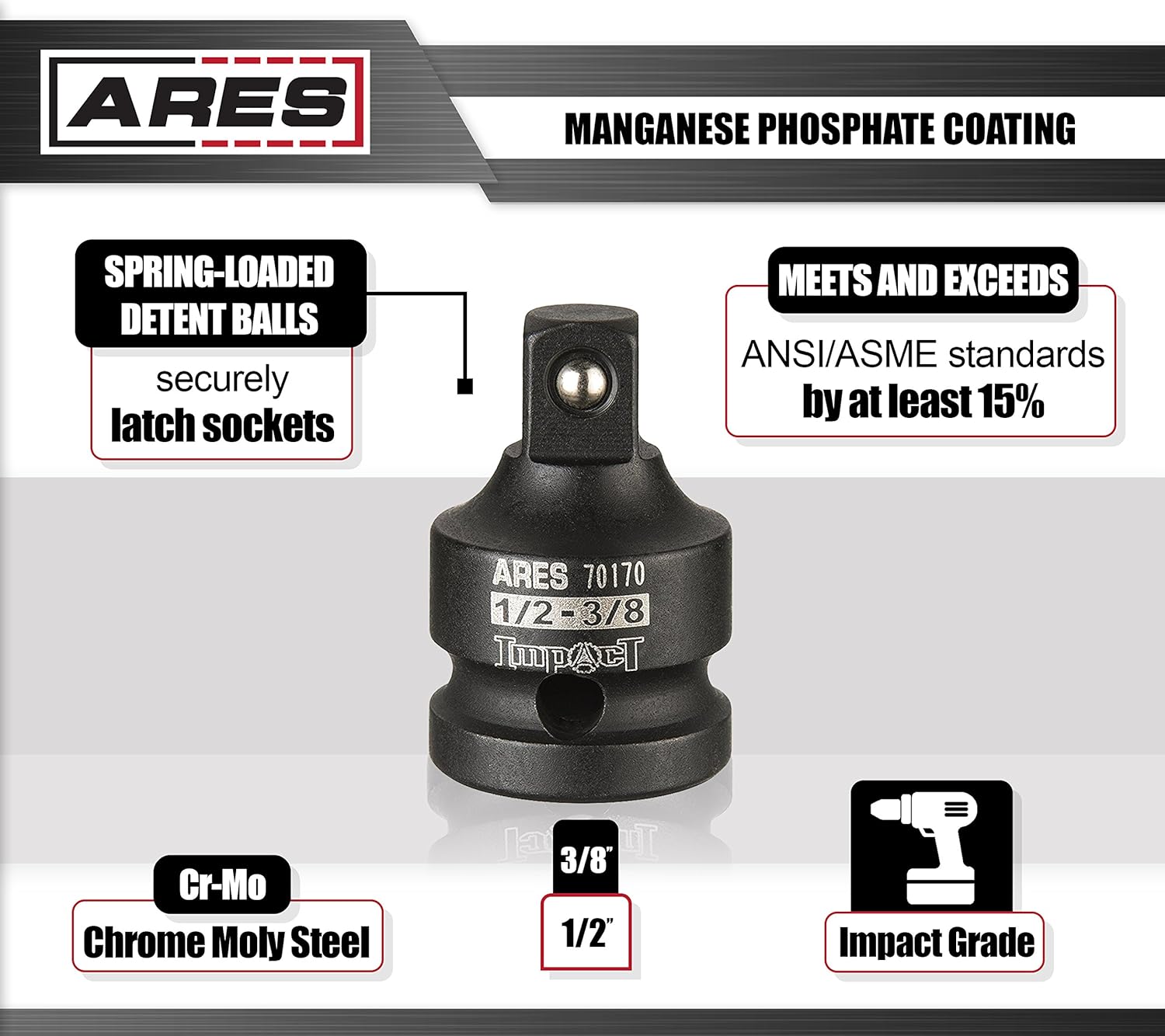 ARES 70170-1/2-Inch F to 3/8-Inch M Impact Socket Adapter - Chrome Molybdenum Steel Construction Exceeds ANSI Standards and Ensures Life Time Use: Automotive
