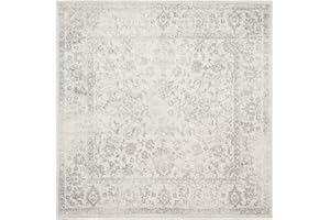 SAFAVIEH Adirondack Collection Area Rug - 5' Square, Ivory & Silver, Distressed Vintage Floral Design, Non-Shedding & Easy to Clean, Ideal for Living Room, Bedroom, Dining Space (ADR109C)