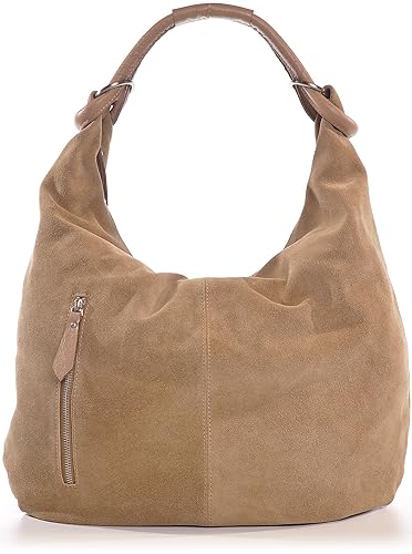CNTMP Damen Schultertasche Leder, Hobo-Bag, Leder Handtasche Damen, Beuteltasche Wildleder, Leder-Tasche DIN-A4, 44x36x4cm (B
