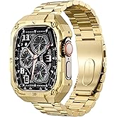 Casual Stainless Steel Case with Band Compatiable for 49mm Apple Watch Ultra Bands for Men,Metal Apple Watch Bumper Case Cover with Strap for iWatch Band Ultra 3/2/1,Gold