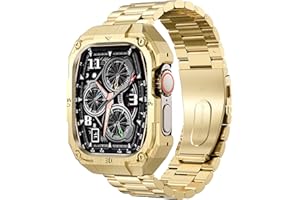 PANPINNACLE Stainless Steel Case and Band Compatible for Apple Watch Ultra 3/2/1 Band/Apple Watch Band 49mm 46mm 45mm 44mm,Fomal Metal iWatch Band with Case for Men Series 11 10 9 8 7 6 5 4 SE (Gold-3, 49mm (Ultra 3/2/1）)