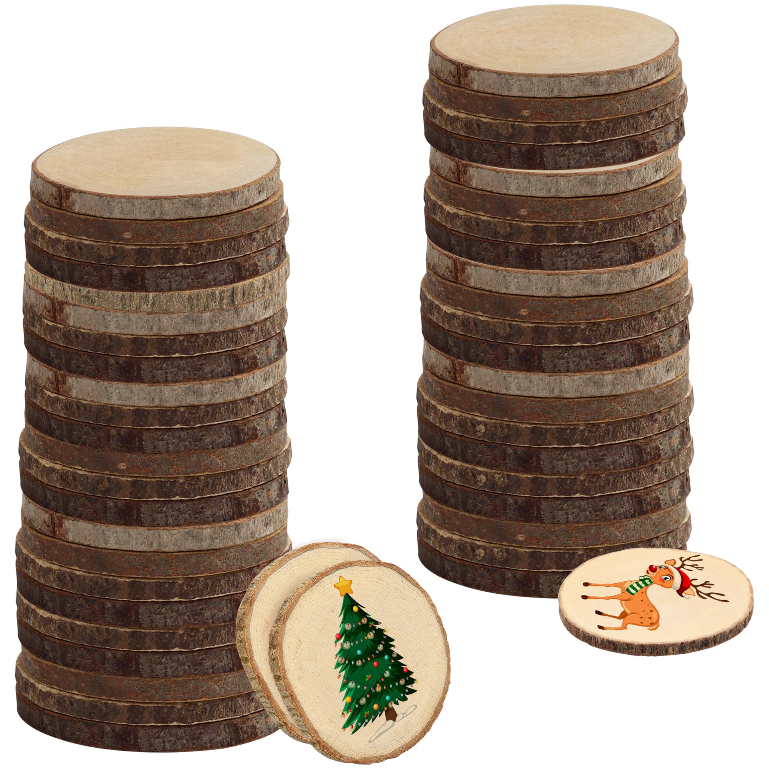 Kurtzy Natural Unfinished Wood Slices (50 Pack) - 6-7cm/2.36-2.76 inches Diameter - Wooden Log Circles with Bark and No Hole - for DIY Arts and Crafts, Christmas Ornaments and Wedding Decorations
