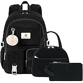 School Backpack with Lunchbox for Teens Girls Women 15.6 Inch Laptop College Backpacks with Lunch Bag Bookbag Set Corduroy Kids Elementary Middle High Bags Students Back Pack Daypack - Black Set