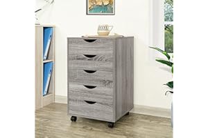 Naomi Home 5 Drawer Office Storage File Cabinet, Under Desk Storage File Cabinets for Home Office Organization Filing Cabinet with Wheels, Printer Stand,180 lbs Capacity - Gray Oak