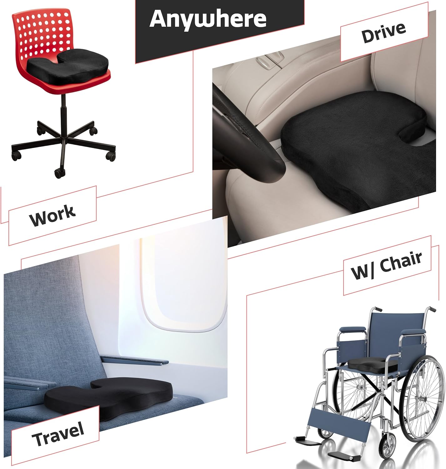 Seat Cushion Car Office Chair - Memory Foam Gel-Enhanced, Ergonomically & Large Designed Pillow for Sciatica, Tailbone, Coccyx Back Pain, And Relief, Comfort - Seat Cushion Car Office Chair - Black: Home & Kitchen