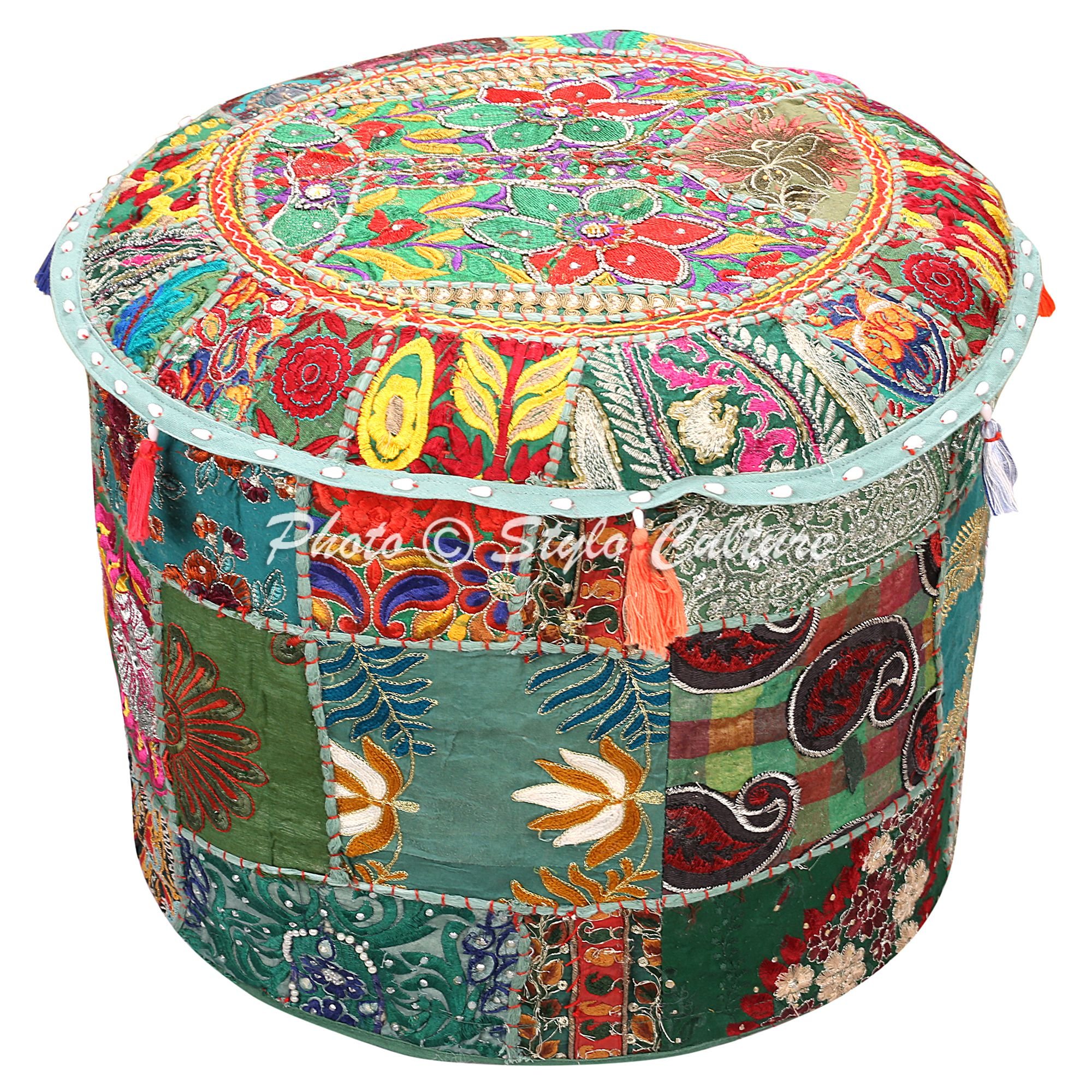 Stylo Culture Pouffe Seat Vintage Footstool Bench Cover Dark Green Indian Embroidered Patchwork Cotton Traditional Round Fabric Ottoman Pouf Cover (16x16x13 Inch) 40cm (COVER ONLY)