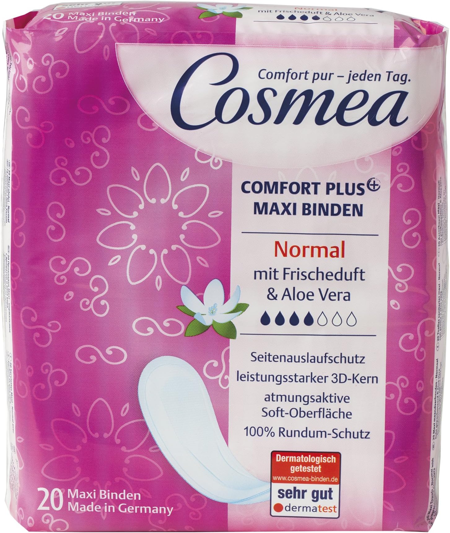 Cosmea Comfort Plus 3D Core Sanitary Towels Normal Maxi Citronella & Aloe Vera, 6 Pack (6 Packs of 20)