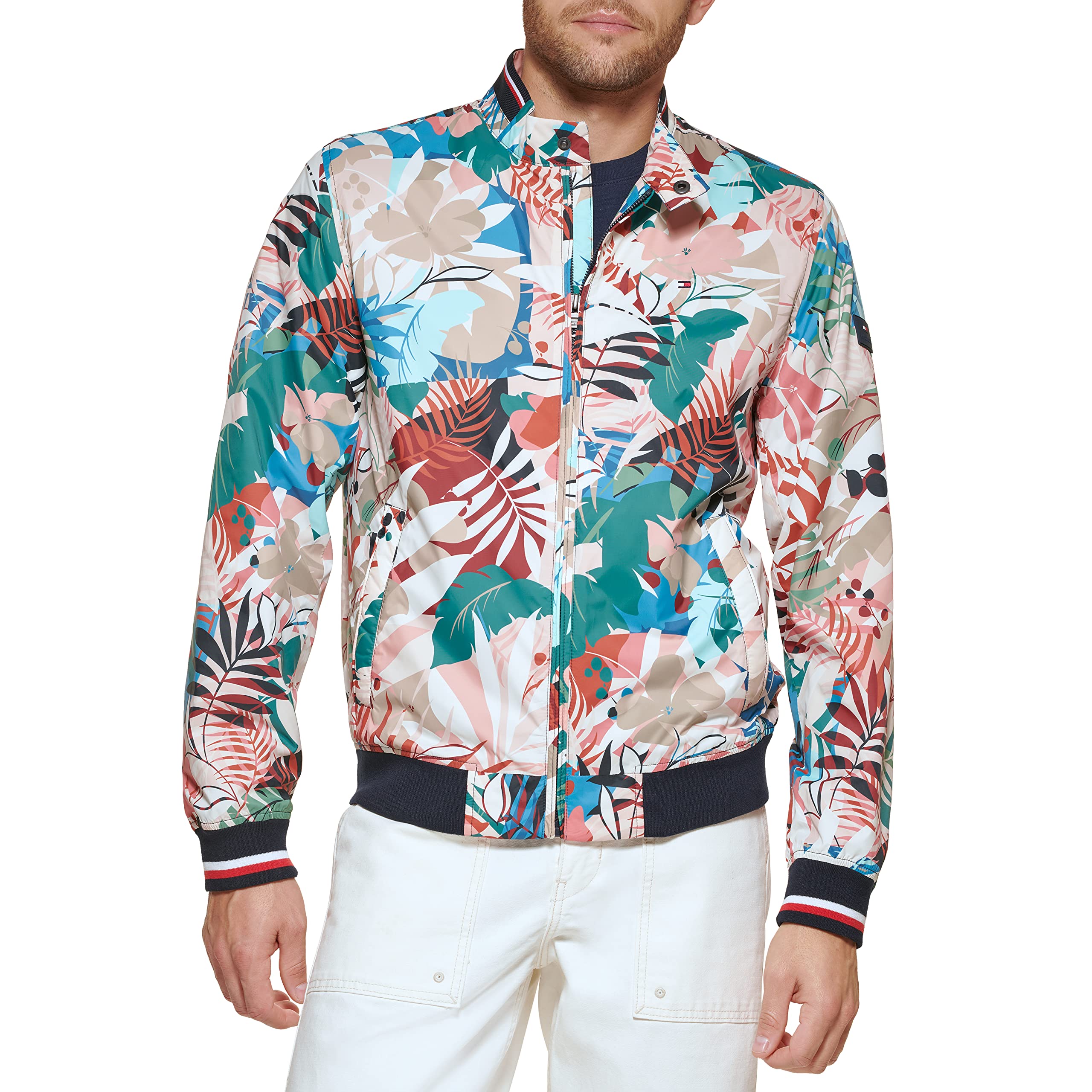 Tommy Hilfiger Men's Lightweight Varsity Rib Knit Bomber Jacket, Tropical Print, Medium Image