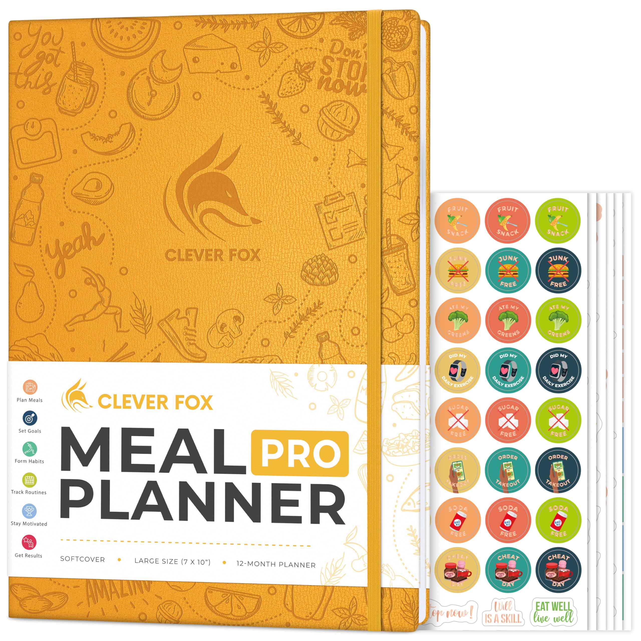 Clever Fox Meal Planner PRO – Weekly Meal Prep & Nutrition Journal with Grocery List & Weigh Loss Tracker – Diet & Fitness Log Book, 18x25.5cm (Amber Yellow)