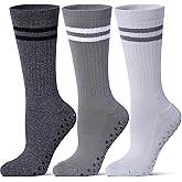 Toetally Pilates Grip Socks for Women,Striped Yoga Non Slip Cushioned Long Socks for Barre, Dance, Workout 3 Pairs