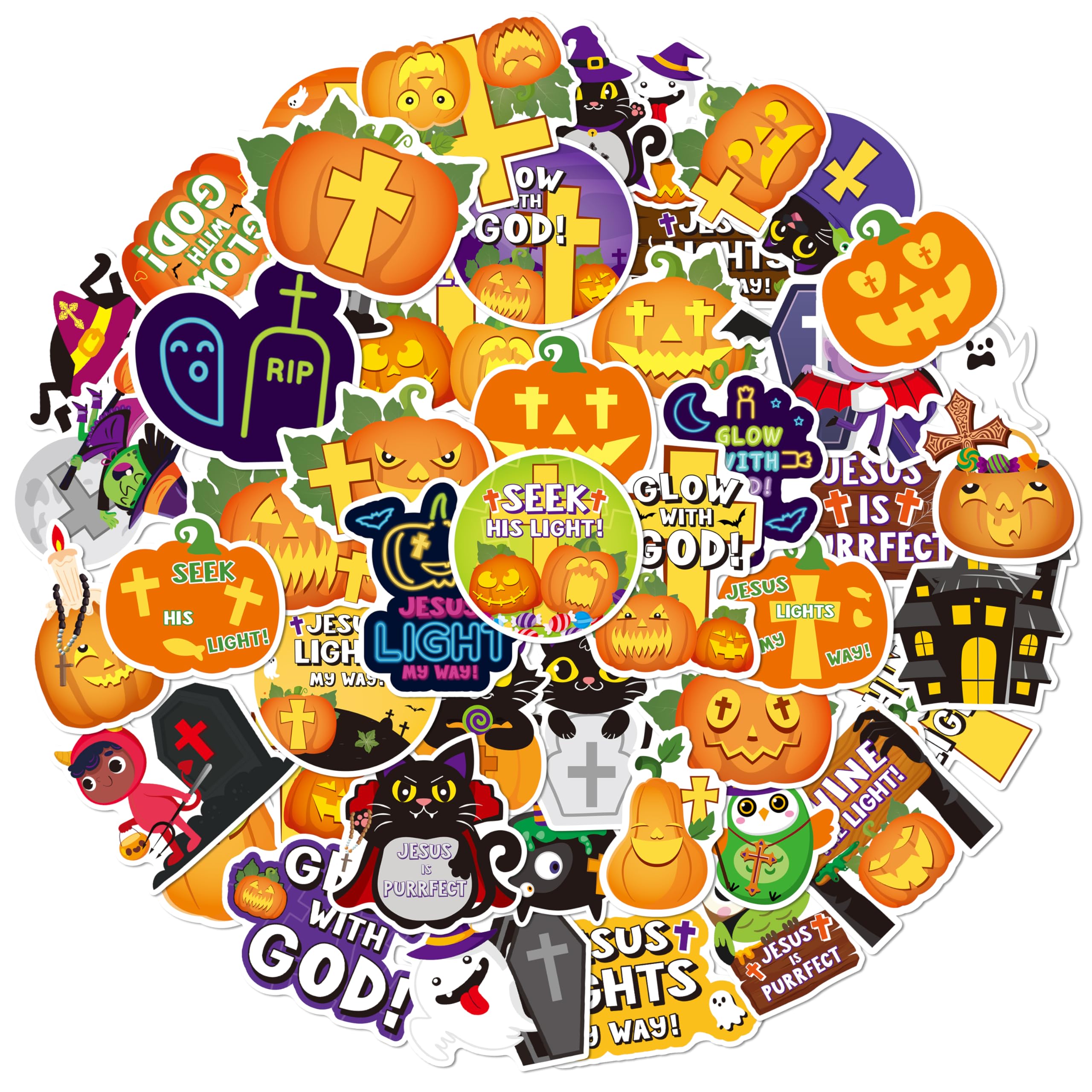 Photo 1 of ANGOLIO 50Pcs Halloween Stickers for Kids, Cute Cartoon Pumpkins Witch Black Cat Christian Crosses Decals Bulk, Halloween Vinyl Waterproof Decals Decorative Stickers for Water Bottles Notebooks Laptop