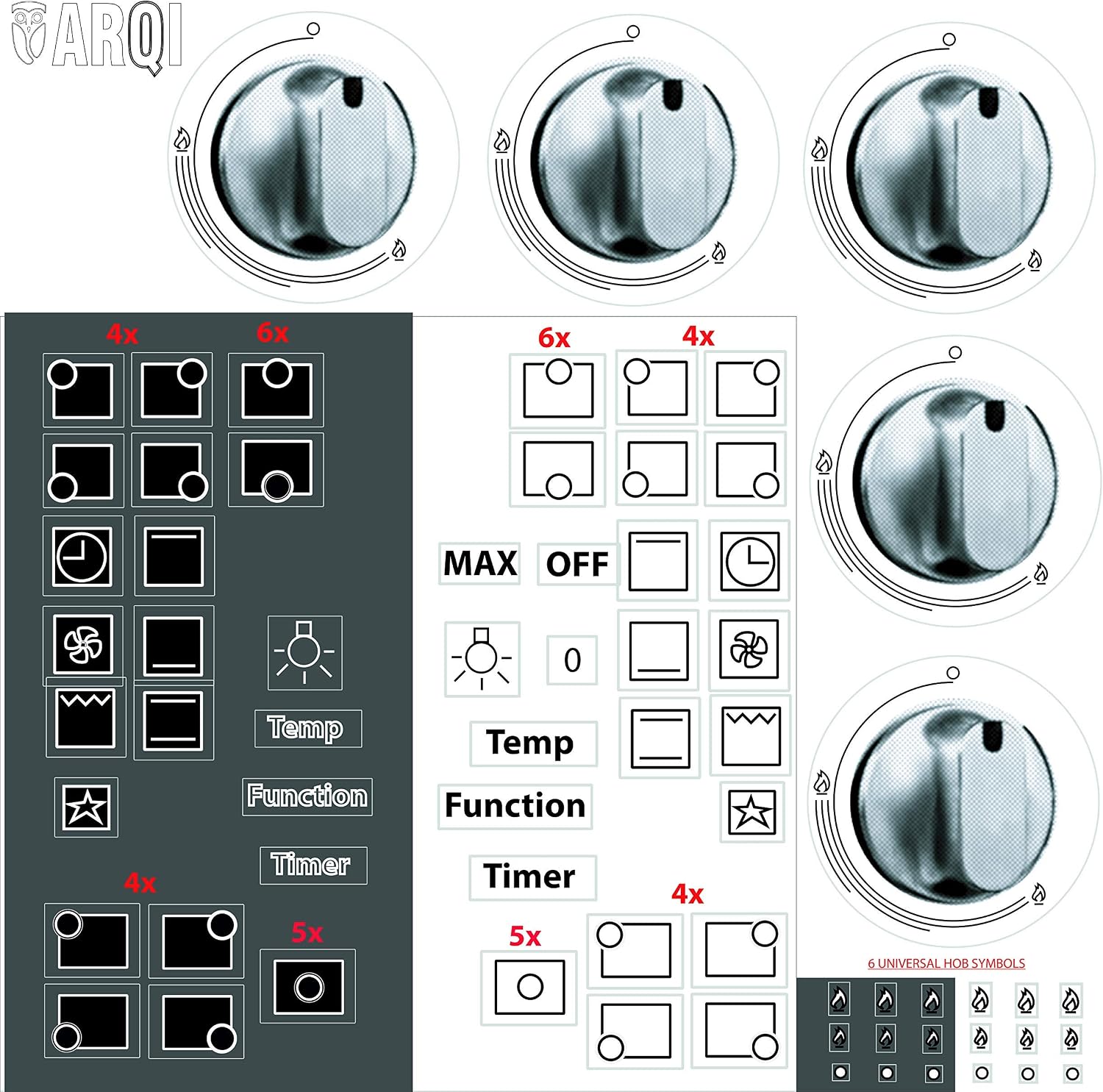 Arqi UK Multiple Stove Hob Range Replacement Stickers, Universal for 4, 5 and 6 burners, Black ink on transparent