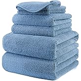 POLYTE Oversize, 60 x 30 in., Quick Dry Lint Free Microfiber Bath Towel Set, 6 Piece (Blue)