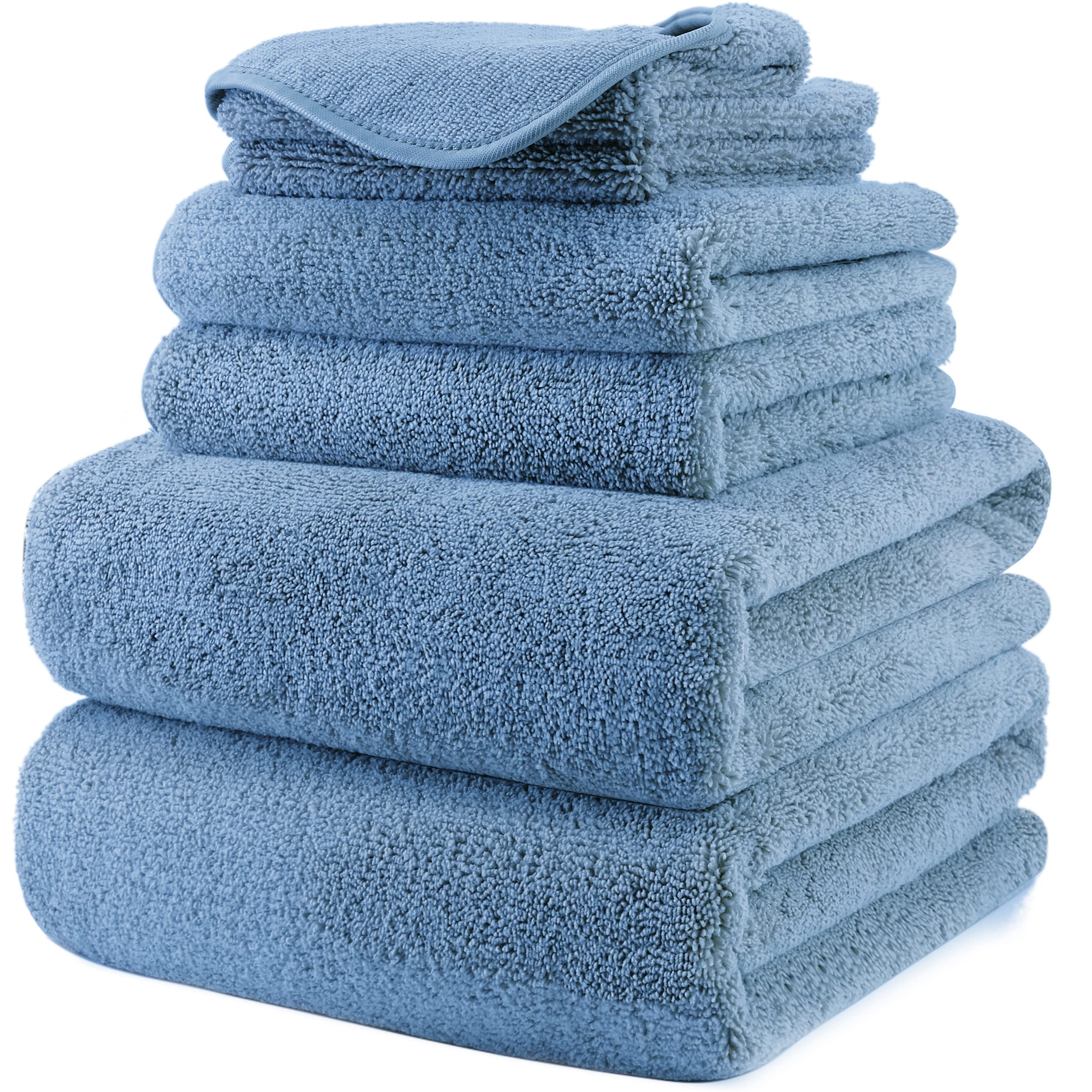 POLYTE Plush Quick Dry Lint Free Microfibre Bath Towel Set, 6 Pieces (Blue)