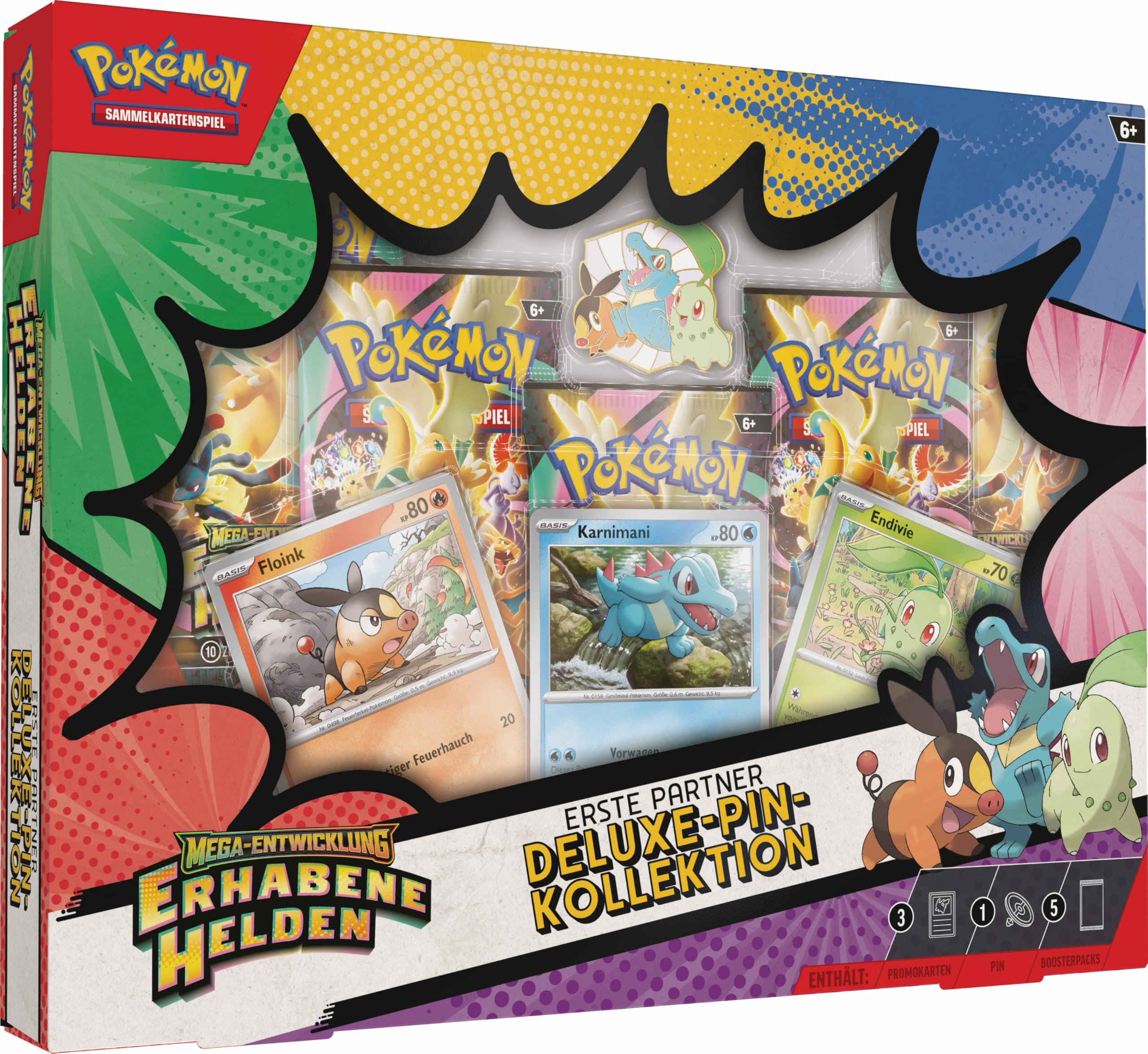 Pokémon-Sammelkartenspiel: Deluxe-Pin-Kollektion Mega-Entwicklung – Erhabene Helden: Erste Partner (3 holografische Promokarten, 1 Deluxe-Pin und 5 Boosterpacks)