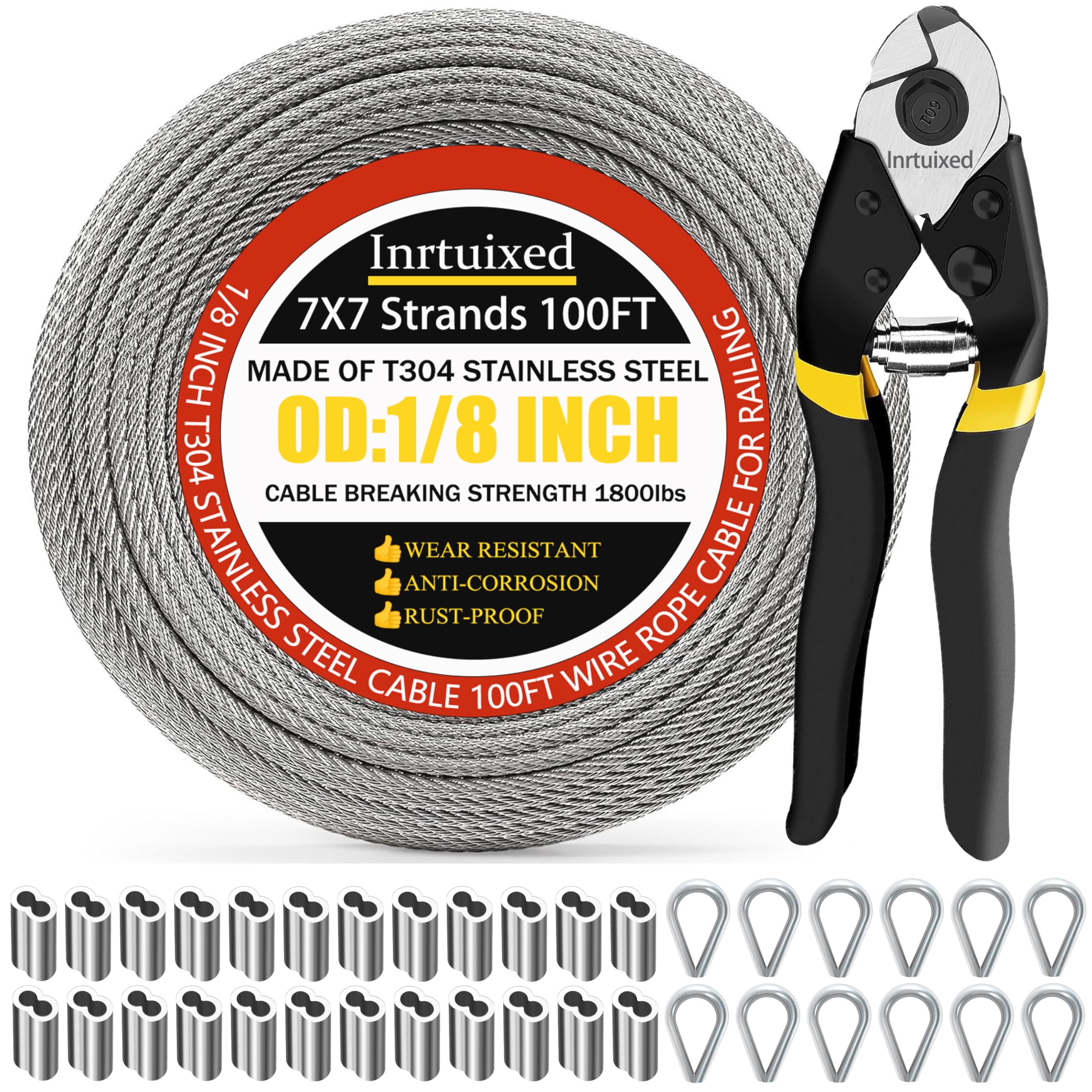 Photo 1 of Intrux 1/8" Stainless Steel Cable with Cutter, 100FT Wire Rope with Loop Sleeve and Thimble, 7x7 Strand Core Metal Wire for Garden, Deck Cable Railing Hardware Kit