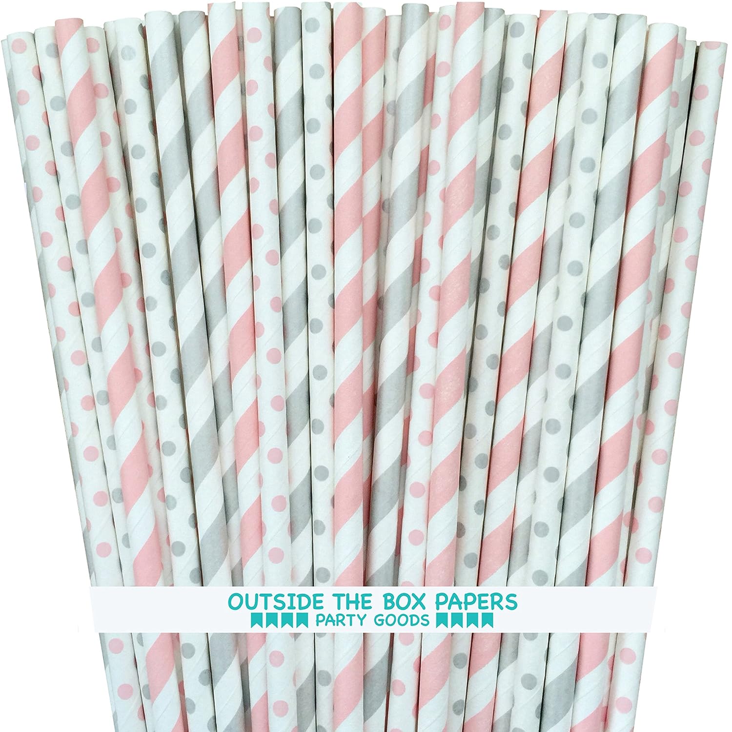 Light Pink and Silver Paper Straws Stripe Polka Dot - 7.75 Inches - 100 Pack - Outside the Box Papers Brand
