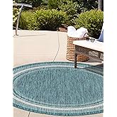 Unique Loom Outdoor Border Collection Area Rug - Soft Border (3' 1" Round, Teal/ Ivory)