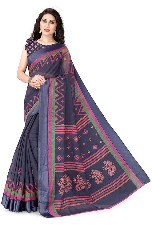 Women's Cotton Blend Printed Office Wear Saree With Blouse Piece (13034-Violet)