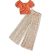 XUANHAO Toddler Girls Clothes Summer Puff Sleeve Smocked Shirt Top Wide Leg Pants Outfits Kids Girl's Clothing Set