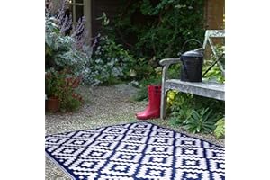 FH Home Outdoor Rug - Waterproof, Fade Resistant, Reversible - Premium Recycled Plastic - Geometric - Patio, Deck, Porch, Balcony, Laundry Room - Aztec - Blue & White Crease Free - 4 x 6 ft