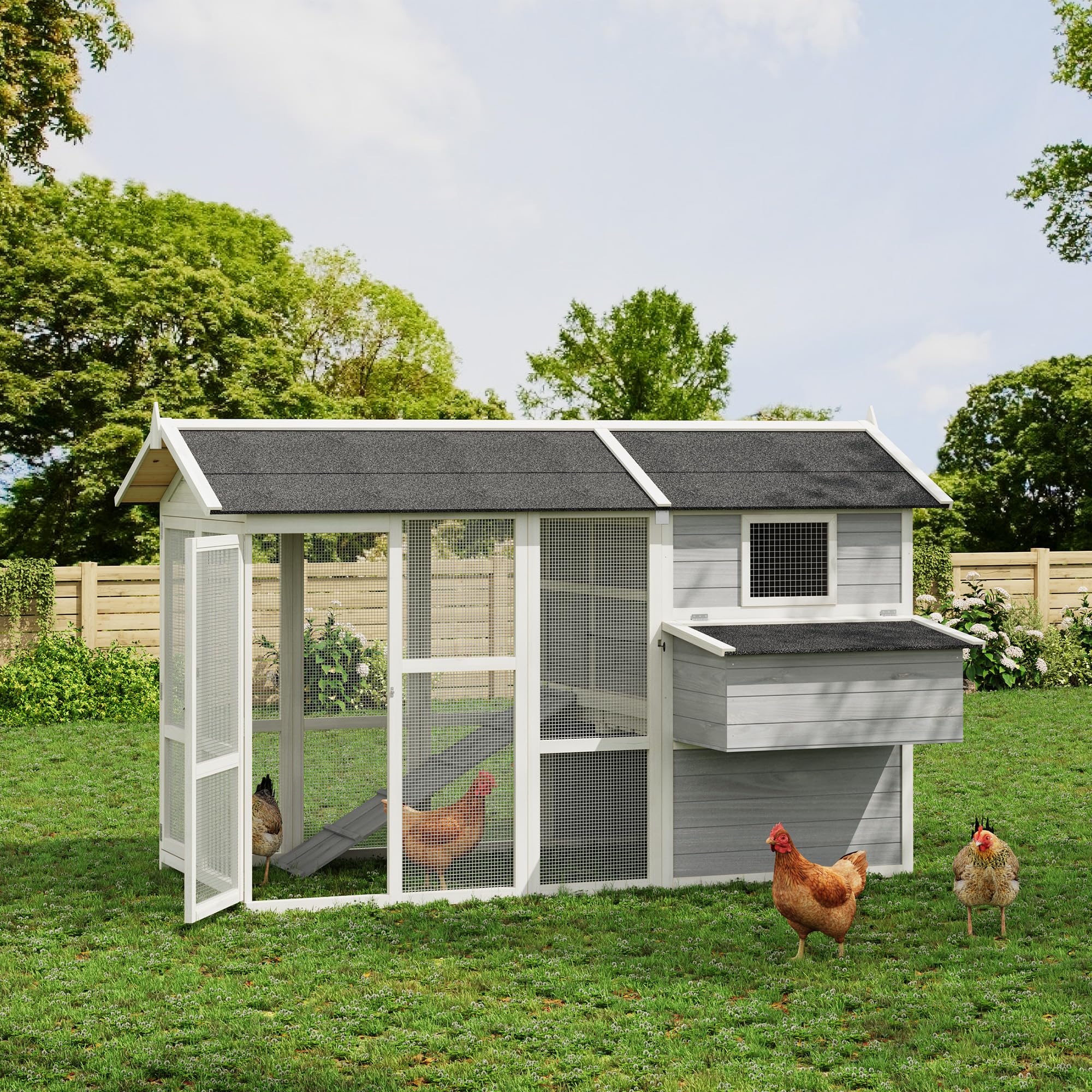 Photo 1 of GarveeHome Chicken Coop Large Hen House for 4-6 Chickens Wooden Poultry Cage with Run, Ramp, Nesting Box, Wire Fence, Waterproof Asphalt Roof (80" x 35" x 54") Grey