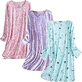PNAEONG 3 Pack Women's Nightgown, Long Sleeve Sleep Shirts Comfy Soft Nightshirt Women Pajama Sleep Dress Cotton Sleepwear