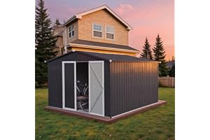 LINKHOO 10 x 8 FT Outdoor Storage Shed, Metal Garden Tool Shed with Slooping Roof, Lockable Doors and Aluminum Frames, Easy to Assemble for Garden, Patio, Lawn, Black