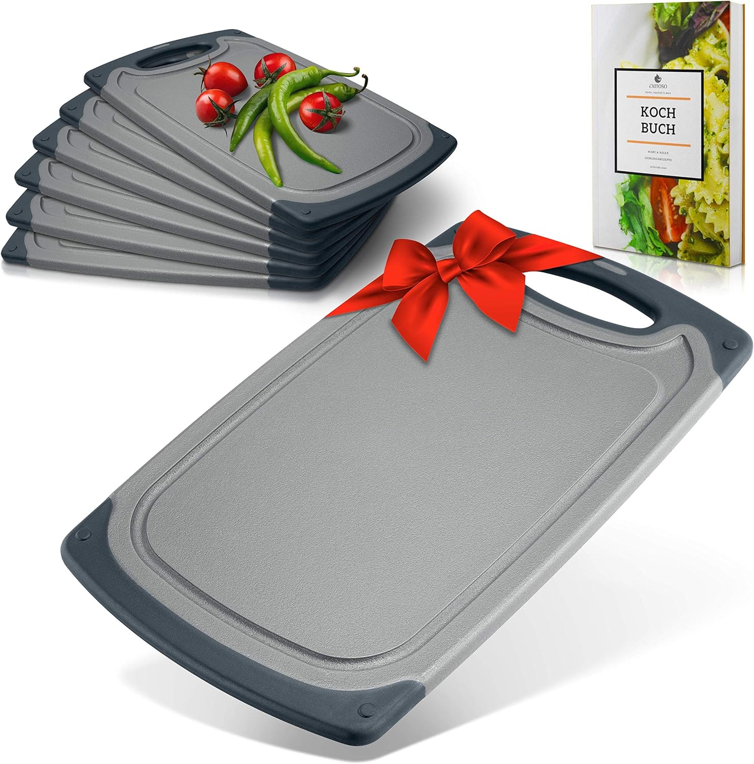Exitoso® Das Original I Frühstücksbrettchen 6er Set Schneidebrett I rutschfest mit Saftrille und Griff I Spülmaschinenfest I Antibakteriell I grau schwarz Kunststoff Schneidbrett