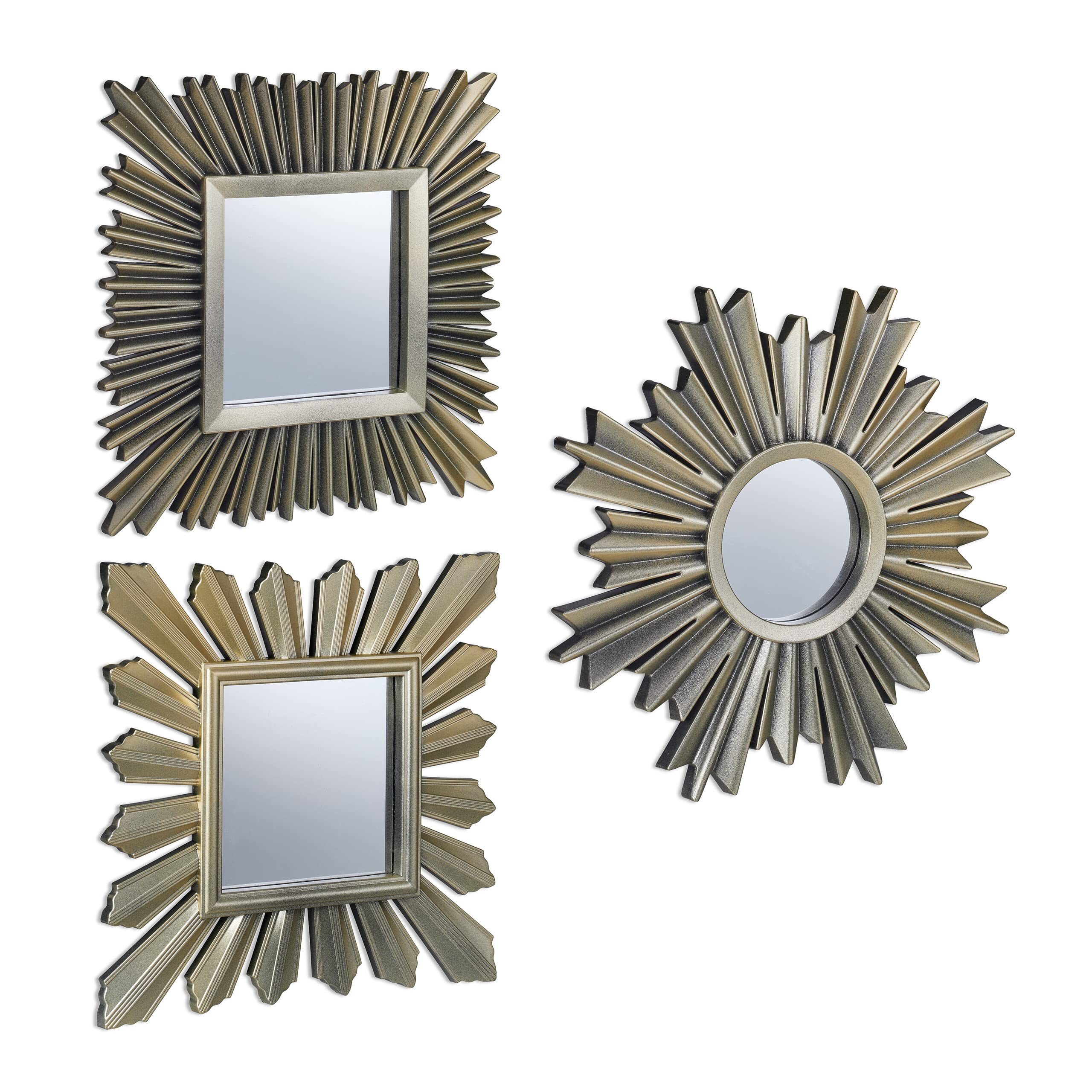 Relaxdays Set of 3 Mirrors, Decorative Sun Shape, 3 Designs, Living Room & Hallway, Decorative, Plastic Frame, Gold