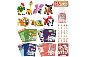 Colplay Valentines Day Gifts for Kids Classroom-28 Pack Animal Building Blocks with Kids Valentines Day Cards for School & Stickers, Class Valentines Gifts Boxes for Boys Girls Party Favors Exchange