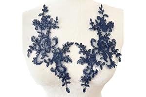 PEPPERLONELY 1 Pair Fine Lace Fabric Patches Embroidered Trim Applique Decor Dress Decoration, Navy, 10 X 6 Inch