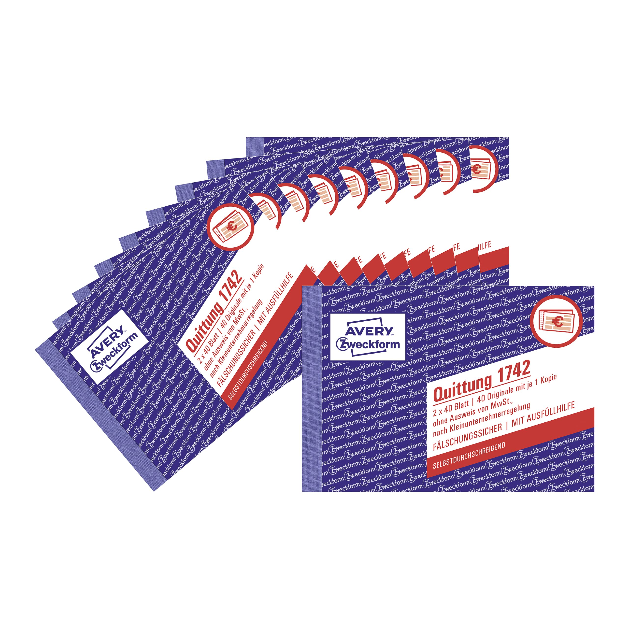 AVERY Zweckform 1742-10 Small Business Receipt Pad (A6 Landscape, 2 x 40 Sheets, Self-Copying, Counterfeit-Proof Document Printing, According to Small Business Regulation Without VAT, for DE/at) Pack
