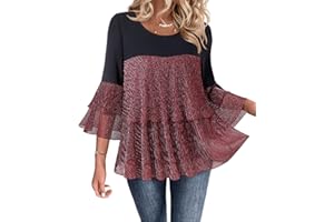 Bebonnie Womens Dressy Sparkly Peplum Tops 3/4 Sleeve Ruffles Elegant Evening Flowy Blouses