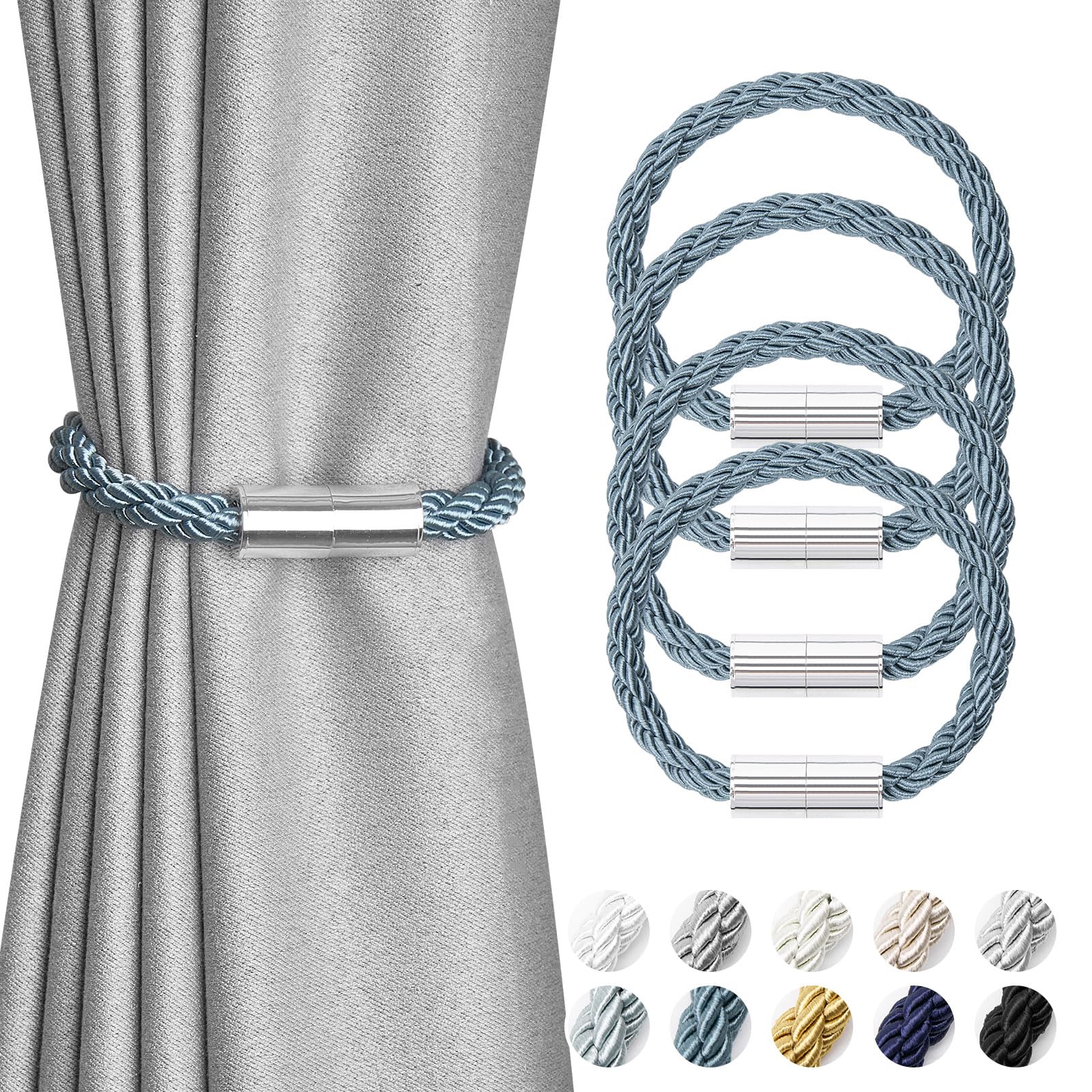 Pretty Jolly 4 Pack Mini Magnetic Curtain Tiebacks Modern Simple Style Drape Tie Backs Elegant Decorative Weave Rope Curtain Holdbacks for Home & Office Thin Window Draperies (Teal)