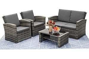 LayinSun 4 Piece Outdoor Patio Furniture Sets, Wicker Conversation Sets, Rattan Sofa Chair with Cushion for Backyard Lawn Garden (Grey)